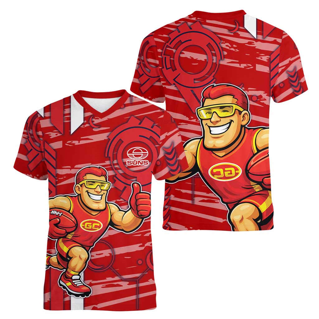Gold Coast Suns Women V-Neck T-Shirt Mascot Cartoon Football Illustration Style