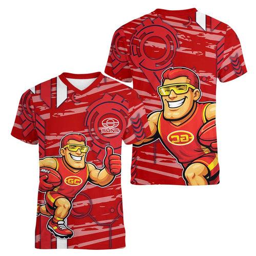 Gold Coast Suns Women V-Neck T-Shirt Mascot Cartoon Football Illustration Style