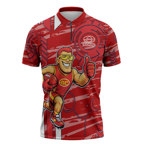 Gold Coast Suns Zipper Polo Shirt Mascot Cartoon Football Illustration Style