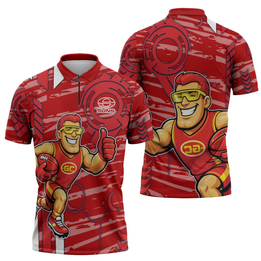 Gold Coast Suns Zipper Polo Shirt Mascot Cartoon Football Illustration Style
