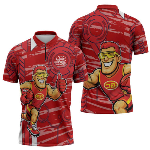 Gold Coast Suns Zipper Polo Shirt Mascot Cartoon Football Illustration Style