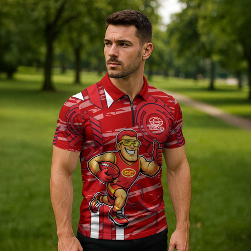 Gold Coast Suns Zipper Polo Shirt Mascot Cartoon Football Illustration Style