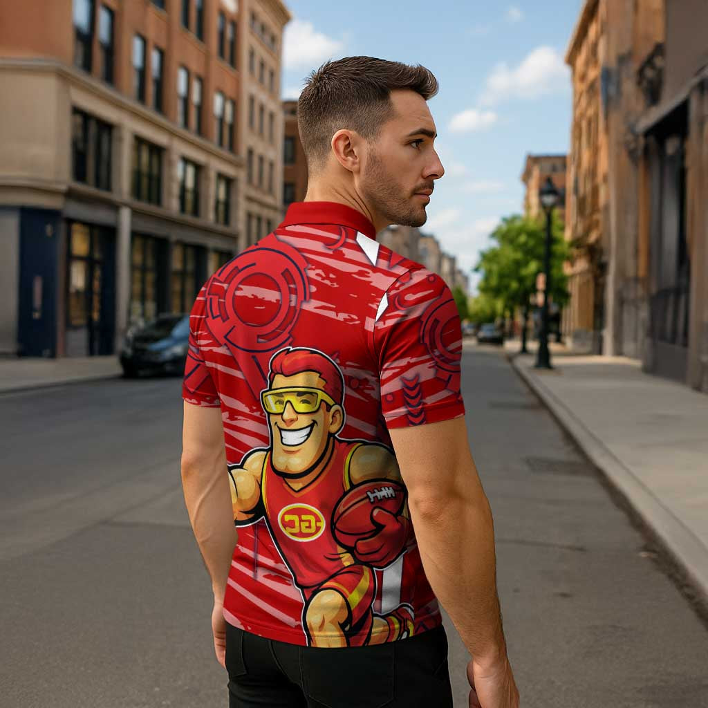 Gold Coast Suns Zipper Polo Shirt Mascot Cartoon Football Illustration Style