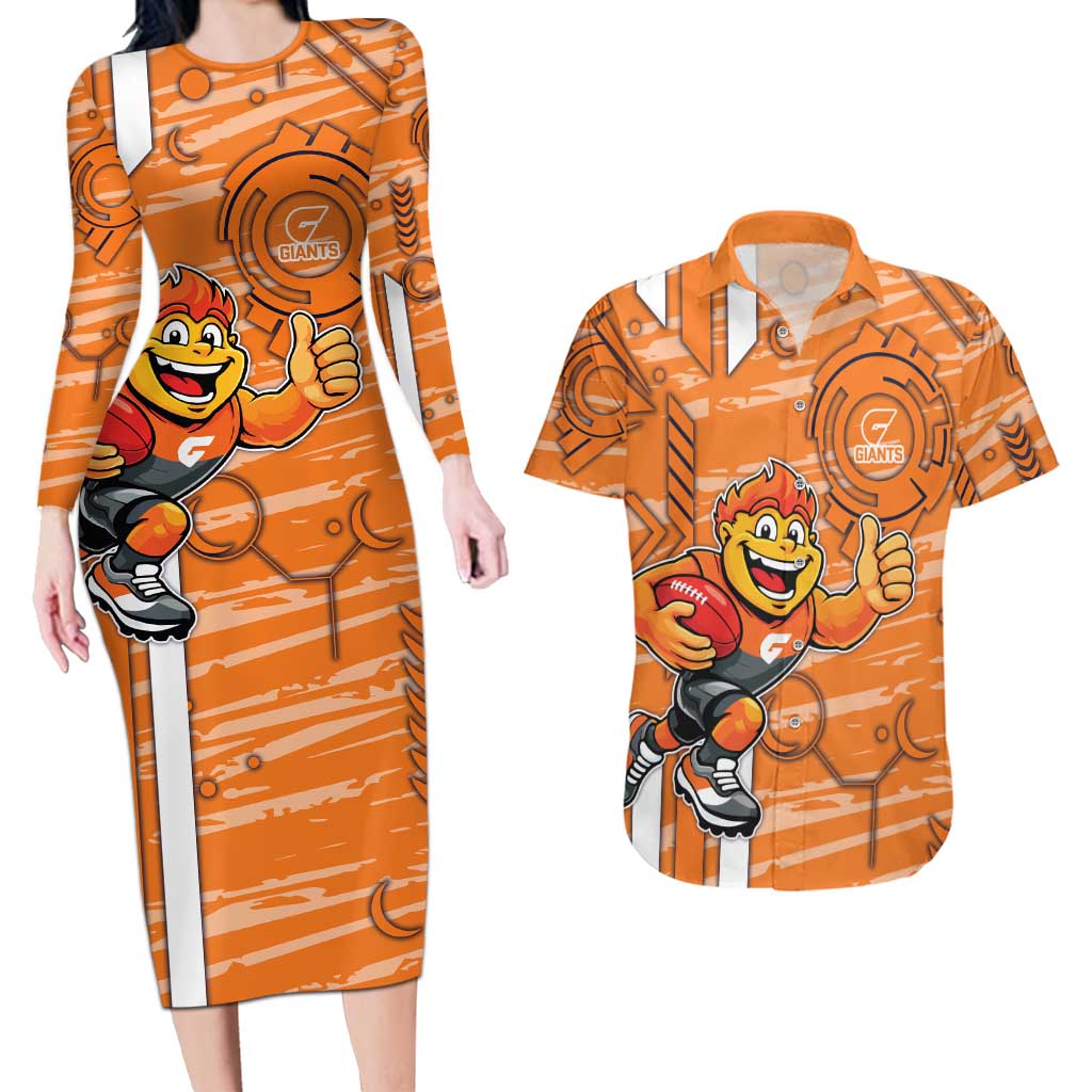 Greater Western Sydney Giants Couples Matching Long Sleeve Bodycon Dress and Hawaiian Shirt Mascot Cartoon Football Illustration Style