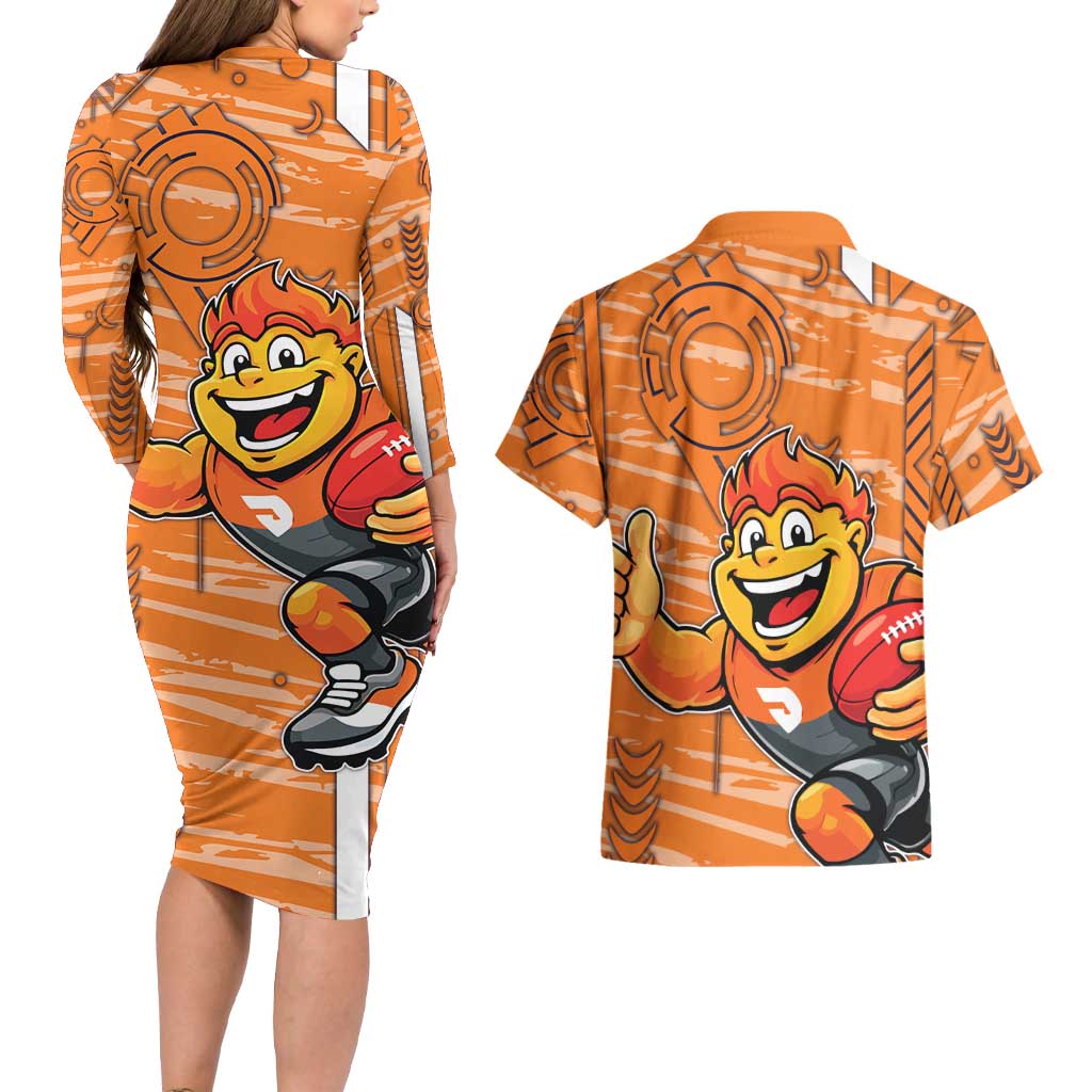 Greater Western Sydney Giants Couples Matching Long Sleeve Bodycon Dress and Hawaiian Shirt Mascot Cartoon Football Illustration Style