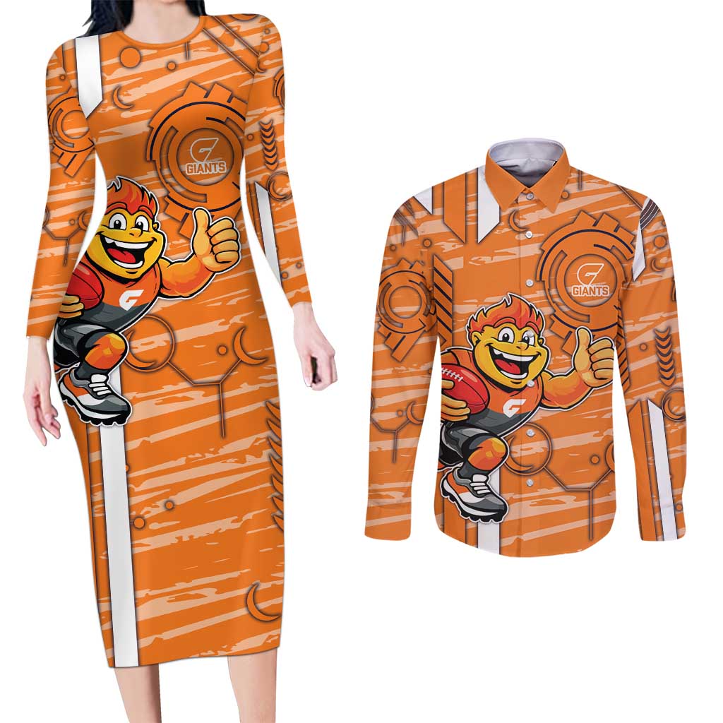 Greater Western Sydney Giants Couples Matching Long Sleeve Bodycon Dress and Long Sleeve Button Shirt Mascot Cartoon Football Illustration Style