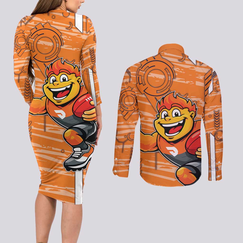 Greater Western Sydney Giants Couples Matching Long Sleeve Bodycon Dress and Long Sleeve Button Shirt Mascot Cartoon Football Illustration Style