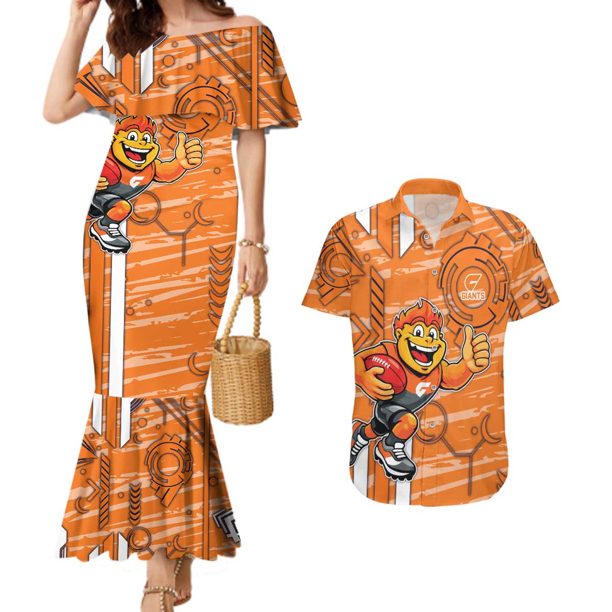 Greater Western Sydney Giants Couples Matching Mermaid Dress and Hawaiian Shirt Mascot Cartoon Football Illustration Style