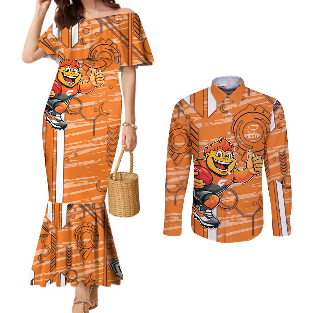 Greater Western Sydney Giants Couples Matching Mermaid Dress and Long Sleeve Button Shirt Mascot Cartoon Football Illustration Style