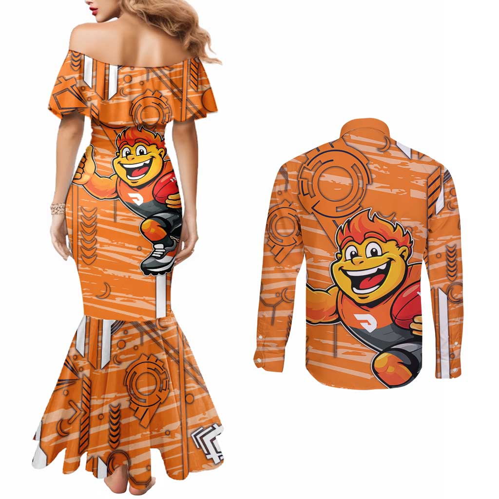 Greater Western Sydney Giants Couples Matching Mermaid Dress and Long Sleeve Button Shirt Mascot Cartoon Football Illustration Style