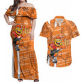 Greater Western Sydney Giants Couples Matching Off Shoulder Maxi Dress and Hawaiian Shirt Mascot Cartoon Football Illustration Style