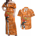Greater Western Sydney Giants Couples Matching Off Shoulder Maxi Dress and Hawaiian Shirt Mascot Cartoon Football Illustration Style