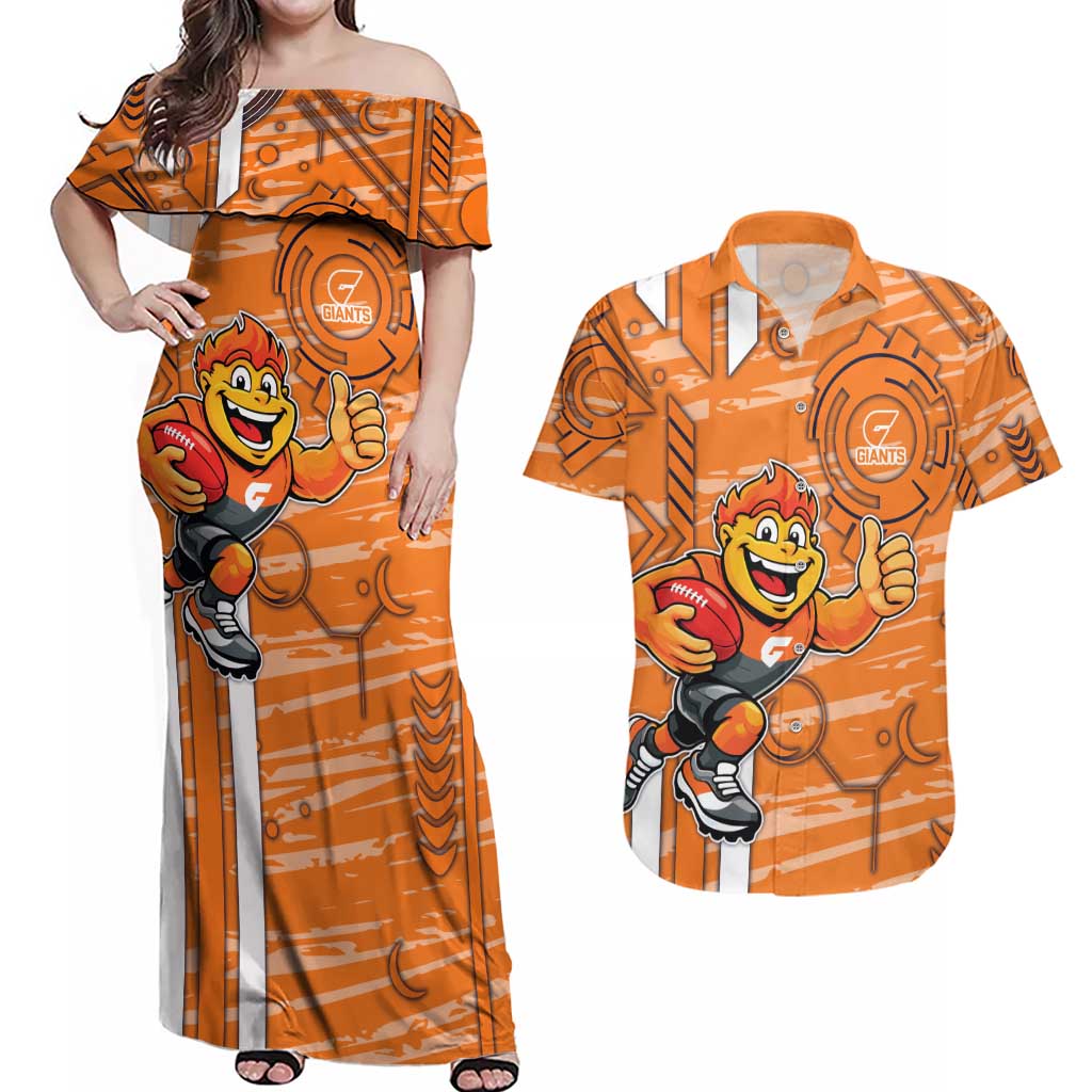 Greater Western Sydney Giants Couples Matching Off Shoulder Maxi Dress and Hawaiian Shirt Mascot Cartoon Football Illustration Style