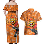 Greater Western Sydney Giants Couples Matching Off Shoulder Maxi Dress and Hawaiian Shirt Mascot Cartoon Football Illustration Style