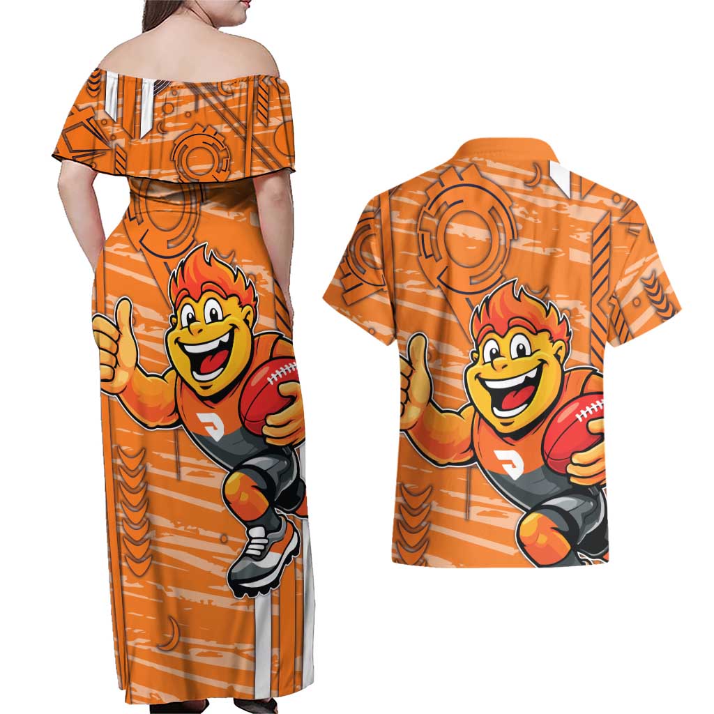 Greater Western Sydney Giants Couples Matching Off Shoulder Maxi Dress and Hawaiian Shirt Mascot Cartoon Football Illustration Style