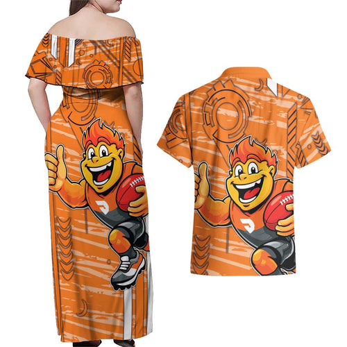Greater Western Sydney Giants Couples Matching Off Shoulder Maxi Dress and Hawaiian Shirt Mascot Cartoon Football Illustration Style