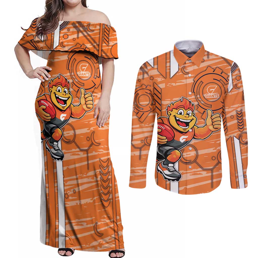 Greater Western Sydney Giants Couples Matching Off Shoulder Maxi Dress and Long Sleeve Button Shirt Mascot Cartoon Football Illustration Style
