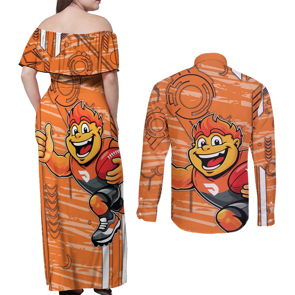 Greater Western Sydney Giants Couples Matching Off Shoulder Maxi Dress and Long Sleeve Button Shirt Mascot Cartoon Football Illustration Style