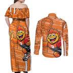 Greater Western Sydney Giants Couples Matching Off Shoulder Maxi Dress and Long Sleeve Button Shirt Mascot Cartoon Football Illustration Style