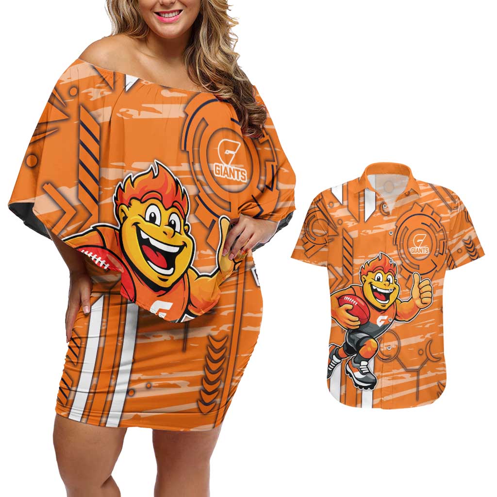 Greater Western Sydney Giants Couples Matching Off Shoulder Short Dress and Hawaiian Shirt Mascot Cartoon Football Illustration Style