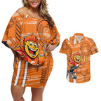 Greater Western Sydney Giants Couples Matching Off Shoulder Short Dress and Hawaiian Shirt Mascot Cartoon Football Illustration Style