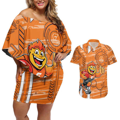 Greater Western Sydney Giants Couples Matching Off Shoulder Short Dress and Hawaiian Shirt Mascot Cartoon Football Illustration Style
