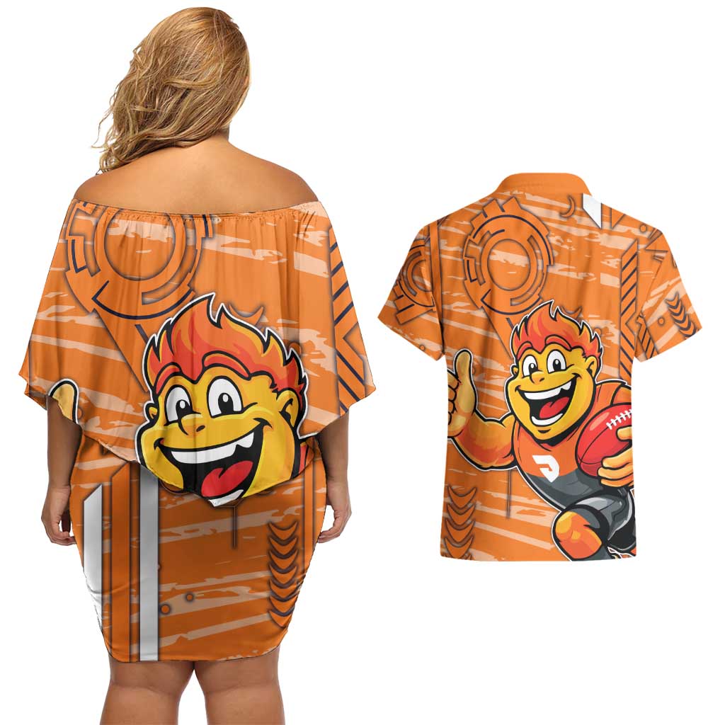 Greater Western Sydney Giants Couples Matching Off Shoulder Short Dress and Hawaiian Shirt Mascot Cartoon Football Illustration Style