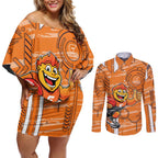 Greater Western Sydney Giants Couples Matching Off Shoulder Short Dress and Long Sleeve Button Shirt Mascot Cartoon Football Illustration Style