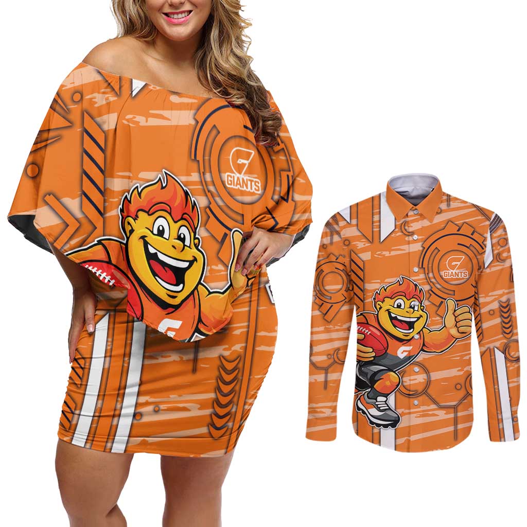 Greater Western Sydney Giants Couples Matching Off Shoulder Short Dress and Long Sleeve Button Shirt Mascot Cartoon Football Illustration Style