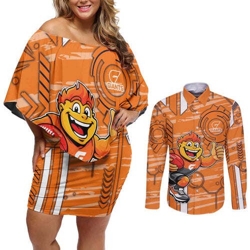 Greater Western Sydney Giants Couples Matching Off Shoulder Short Dress and Long Sleeve Button Shirt Mascot Cartoon Football Illustration Style
