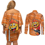 Greater Western Sydney Giants Couples Matching Off Shoulder Short Dress and Long Sleeve Button Shirt Mascot Cartoon Football Illustration Style
