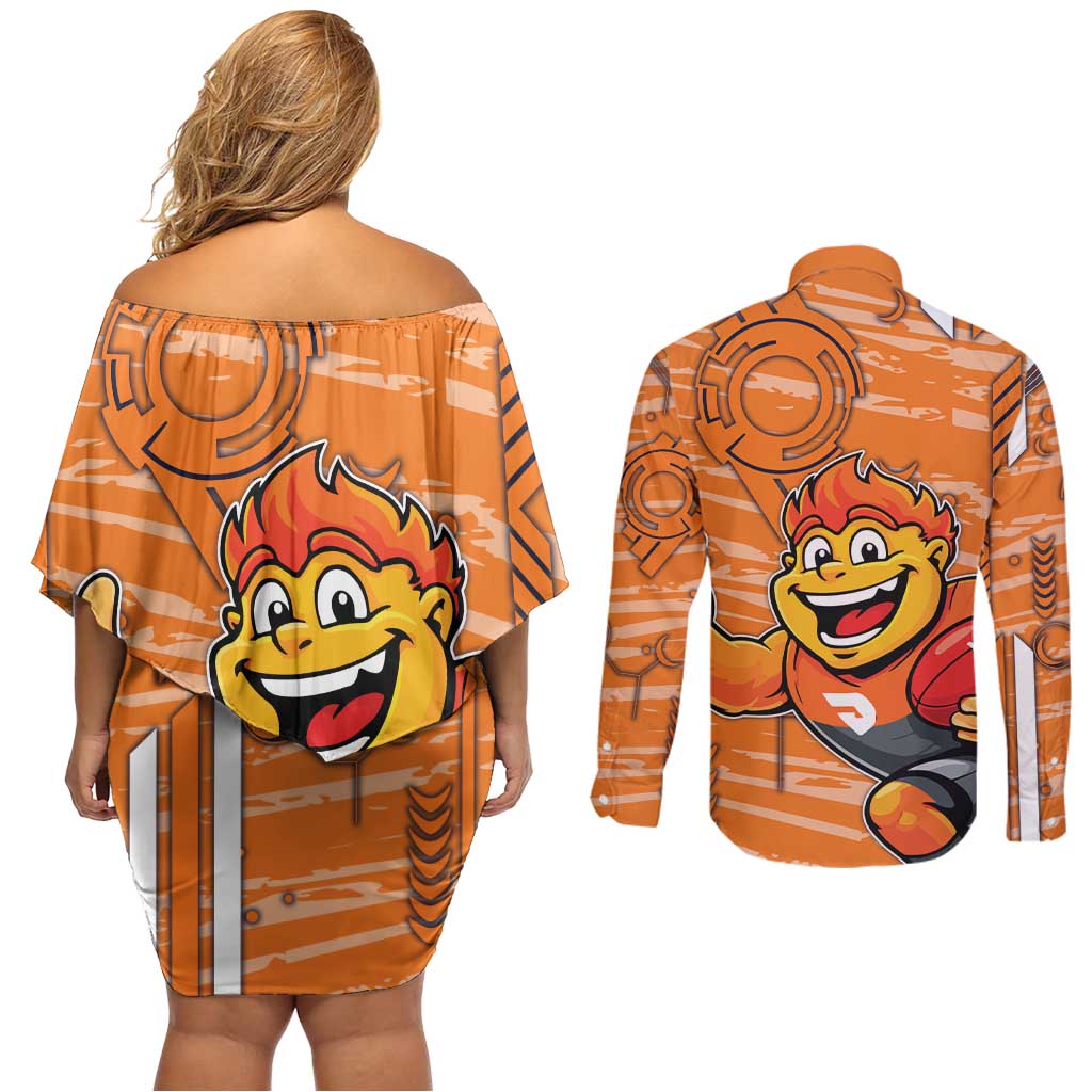 Greater Western Sydney Giants Couples Matching Off Shoulder Short Dress and Long Sleeve Button Shirt Mascot Cartoon Football Illustration Style