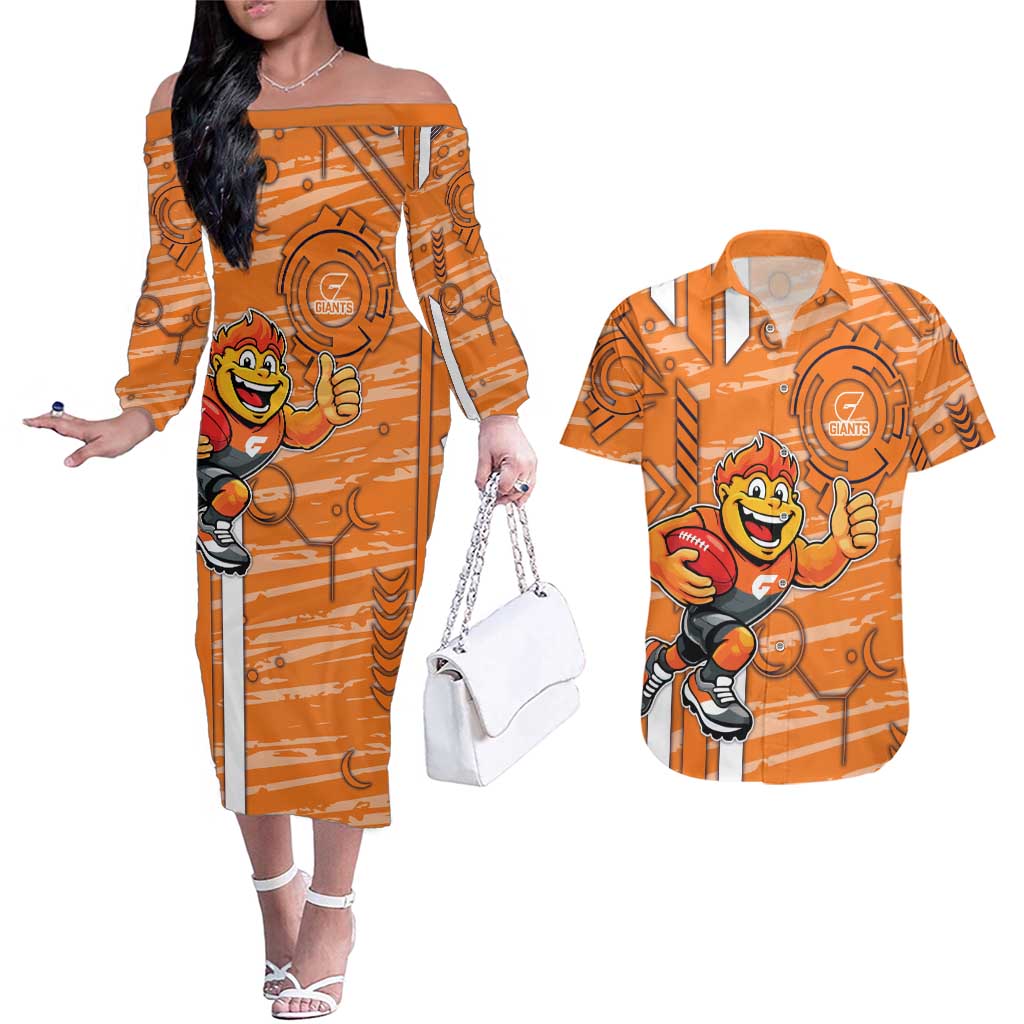 Greater Western Sydney Giants Couples Matching Off The Shoulder Long Sleeve Dress and Hawaiian Shirt Mascot Cartoon Football Illustration Style