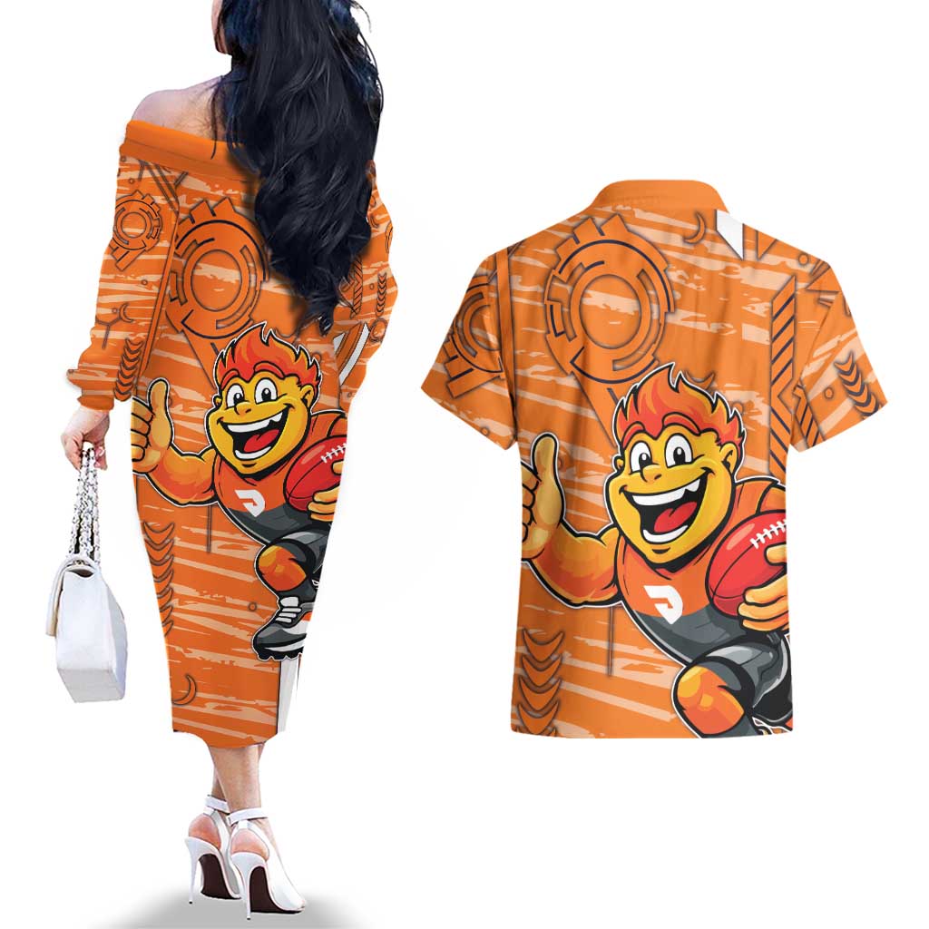 Greater Western Sydney Giants Couples Matching Off The Shoulder Long Sleeve Dress and Hawaiian Shirt Mascot Cartoon Football Illustration Style