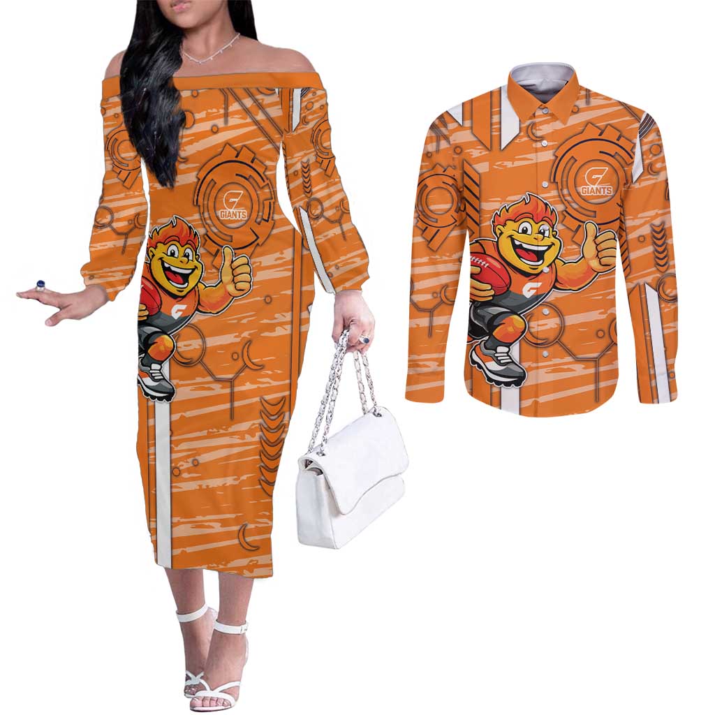Greater Western Sydney Giants Couples Matching Off The Shoulder Long Sleeve Dress and Long Sleeve Button Shirt Mascot Cartoon Football Illustration Style