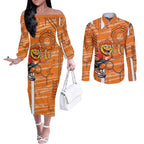 Greater Western Sydney Giants Couples Matching Off The Shoulder Long Sleeve Dress and Long Sleeve Button Shirt Mascot Cartoon Football Illustration Style