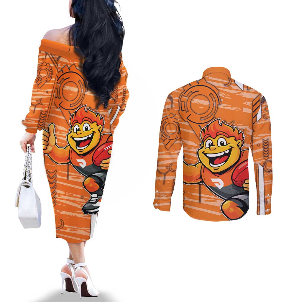 Greater Western Sydney Giants Couples Matching Off The Shoulder Long Sleeve Dress and Long Sleeve Button Shirt Mascot Cartoon Football Illustration Style