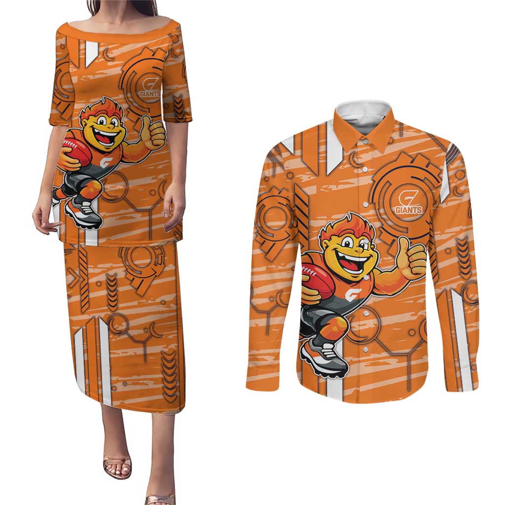 Greater Western Sydney Giants Couples Matching Puletasi and Long Sleeve Button Shirt Mascot Cartoon Football Illustration Style