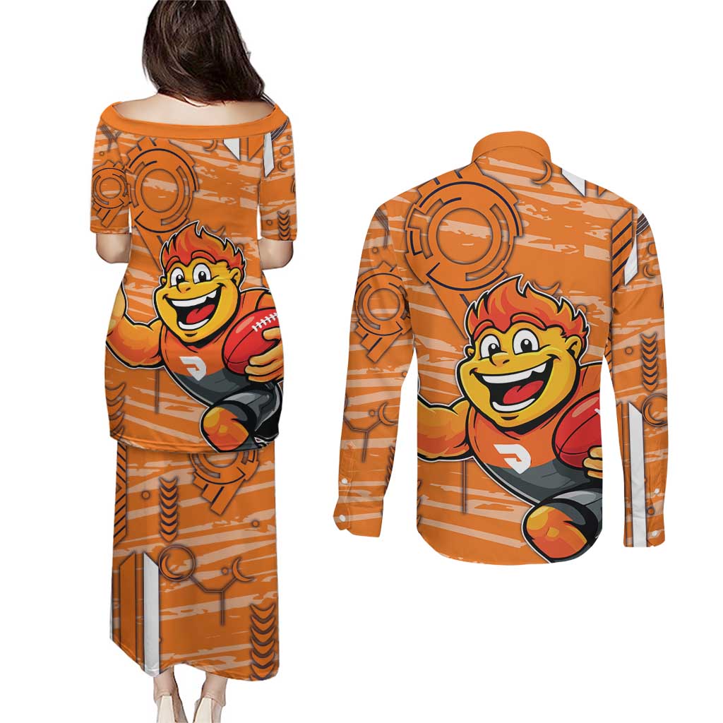 Greater Western Sydney Giants Couples Matching Puletasi and Long Sleeve Button Shirt Mascot Cartoon Football Illustration Style