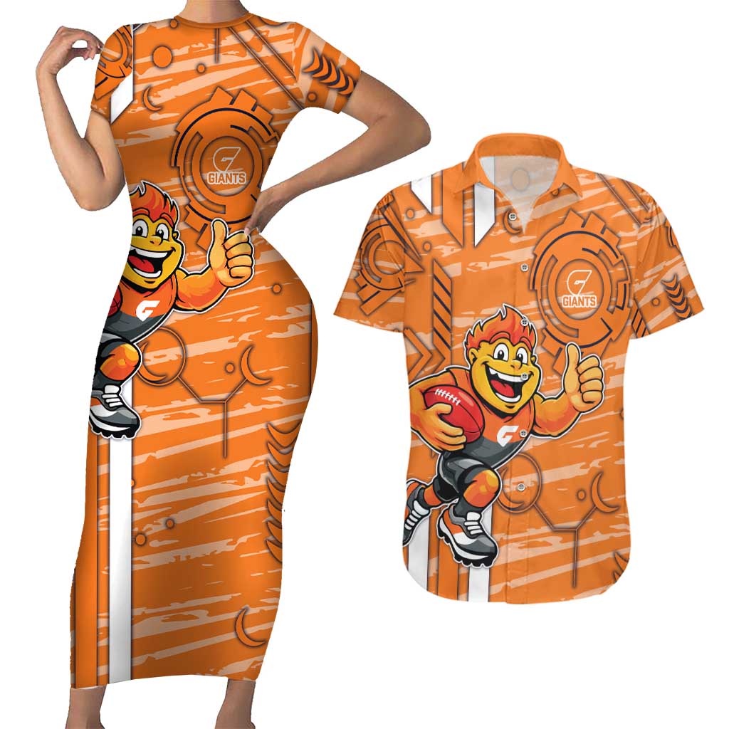 Greater Western Sydney Giants Couples Matching Short Sleeve Bodycon Dress and Hawaiian Shirt Mascot Cartoon Football Illustration Style
