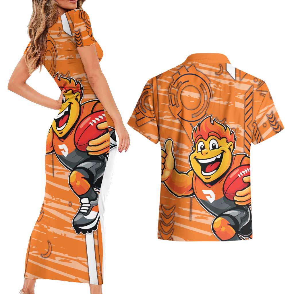 Greater Western Sydney Giants Couples Matching Short Sleeve Bodycon Dress and Hawaiian Shirt Mascot Cartoon Football Illustration Style