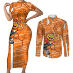 Greater Western Sydney Giants Couples Matching Short Sleeve Bodycon Dress and Long Sleeve Button Shirt Mascot Cartoon Football Illustration Style