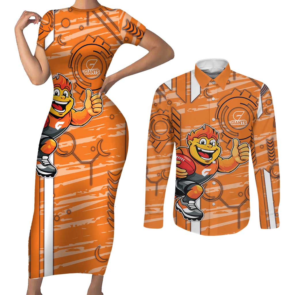 Greater Western Sydney Giants Couples Matching Short Sleeve Bodycon Dress and Long Sleeve Button Shirt Mascot Cartoon Football Illustration Style