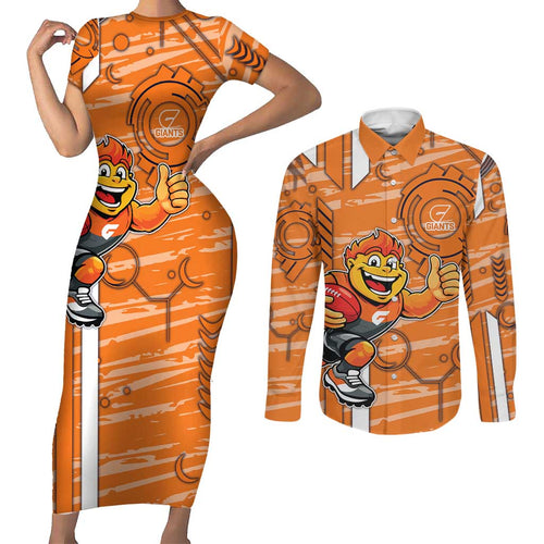 Greater Western Sydney Giants Couples Matching Short Sleeve Bodycon Dress and Long Sleeve Button Shirt Mascot Cartoon Football Illustration Style