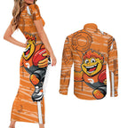 Greater Western Sydney Giants Couples Matching Short Sleeve Bodycon Dress and Long Sleeve Button Shirt Mascot Cartoon Football Illustration Style