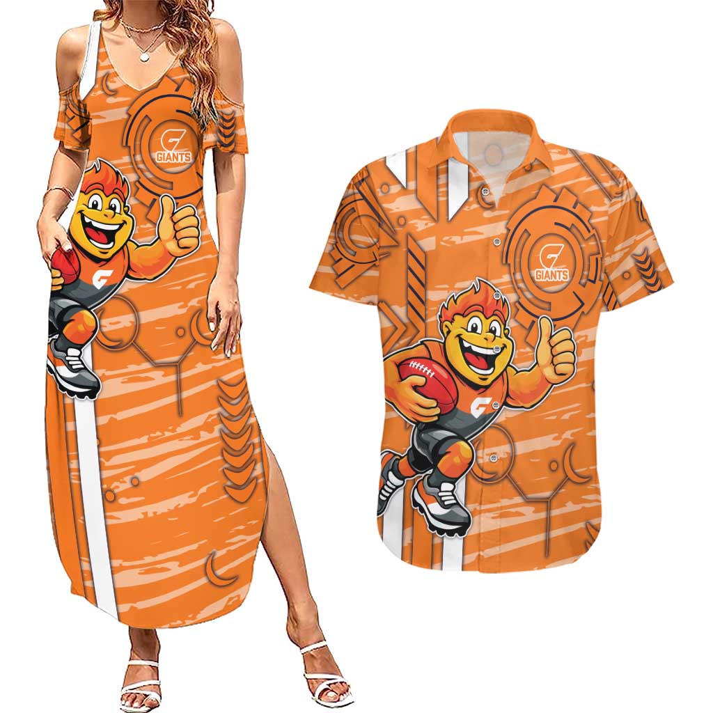 Greater Western Sydney Giants Couples Matching Summer Maxi Dress and Hawaiian Shirt Mascot Cartoon Football Illustration Style