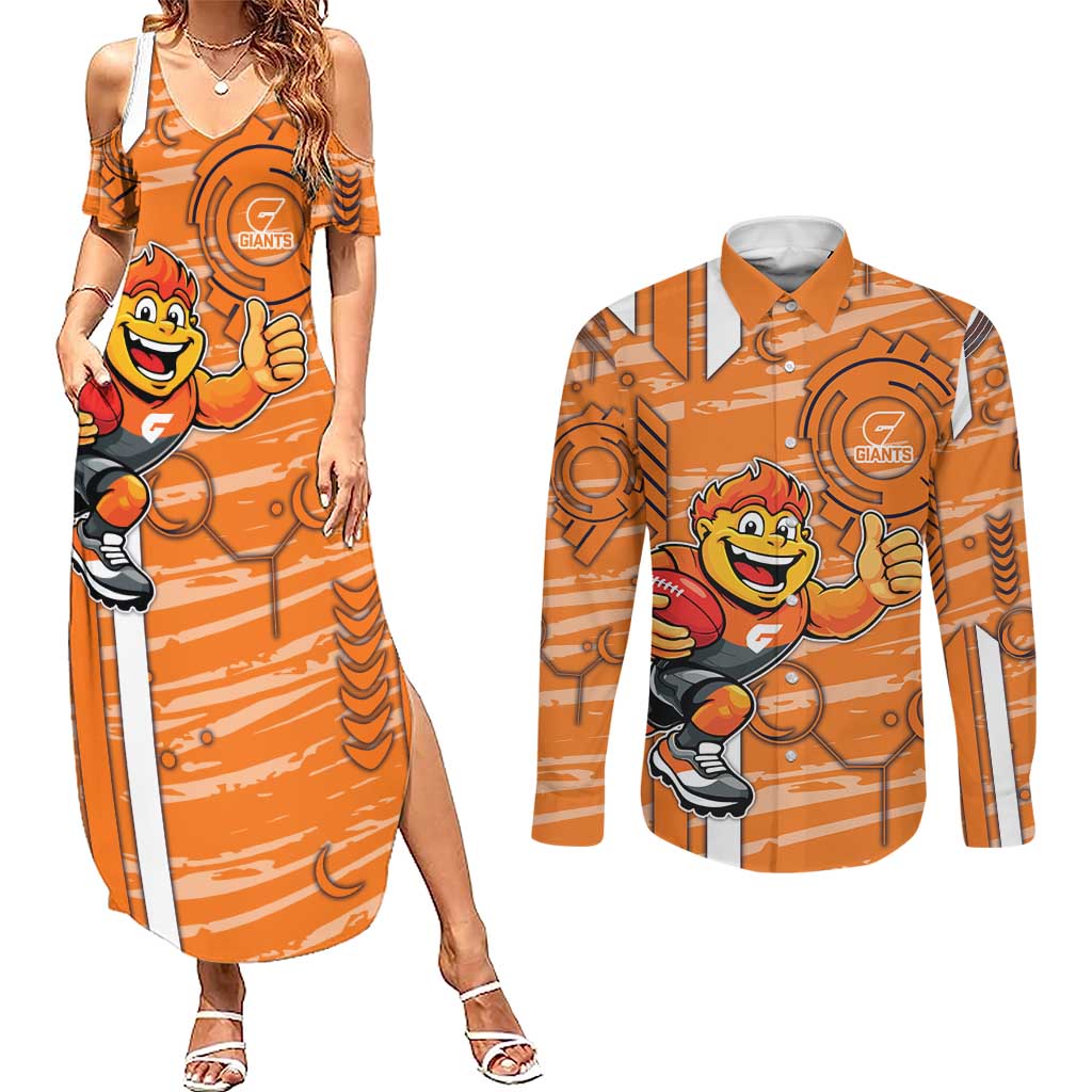 Greater Western Sydney Giants Couples Matching Summer Maxi Dress and Long Sleeve Button Shirt Mascot Cartoon Football Illustration Style