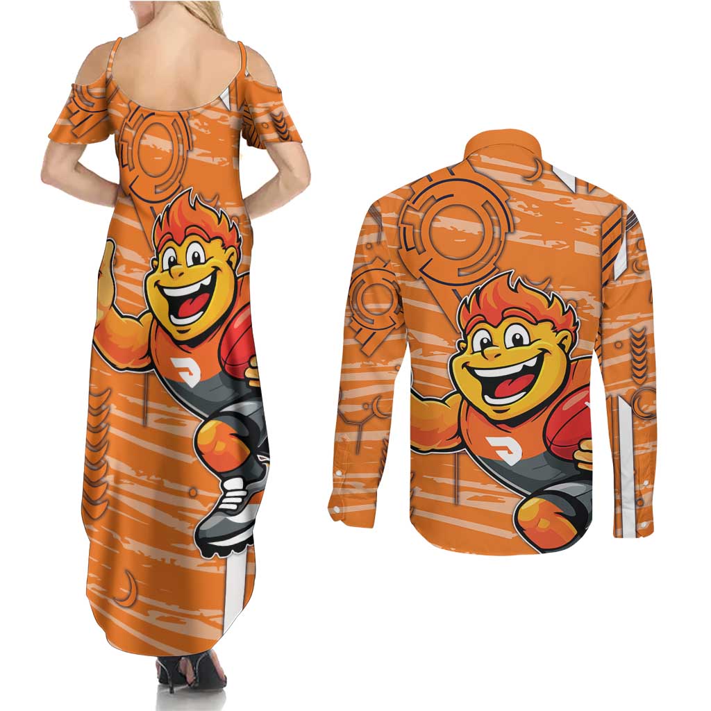 Greater Western Sydney Giants Couples Matching Summer Maxi Dress and Long Sleeve Button Shirt Mascot Cartoon Football Illustration Style