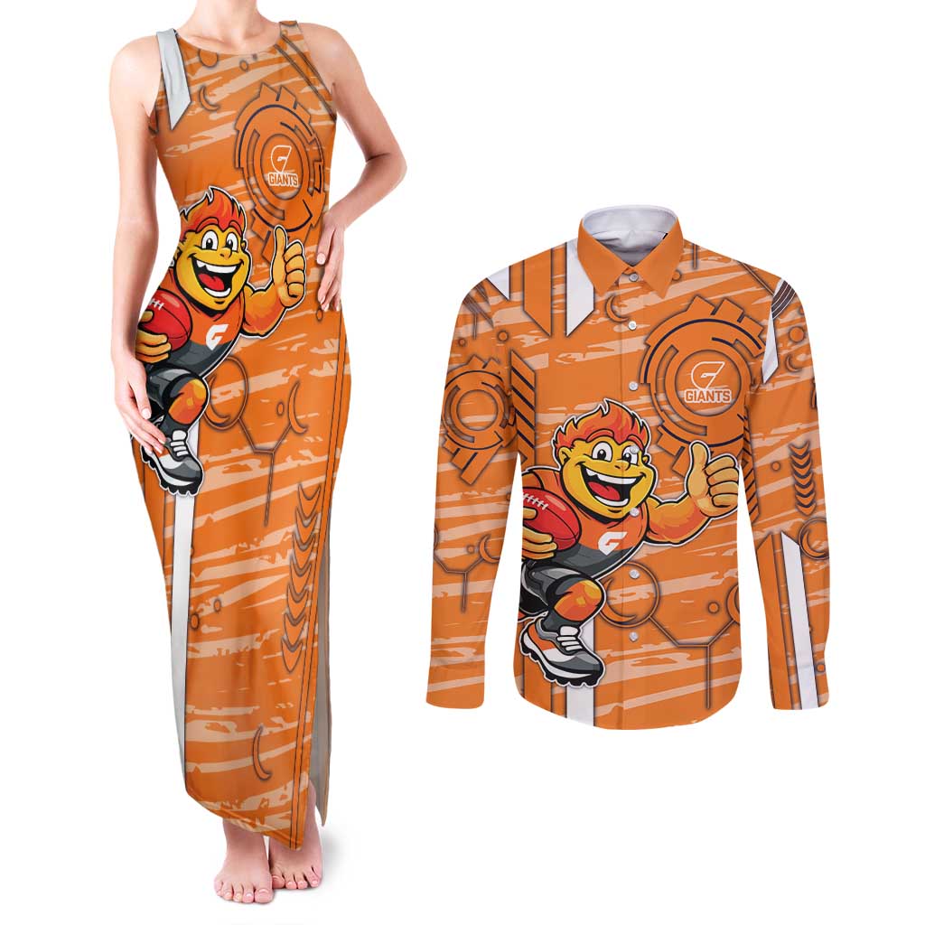 Greater Western Sydney Giants Couples Matching Tank Maxi Dress and Long Sleeve Button Shirt Mascot Cartoon Football Illustration Style
