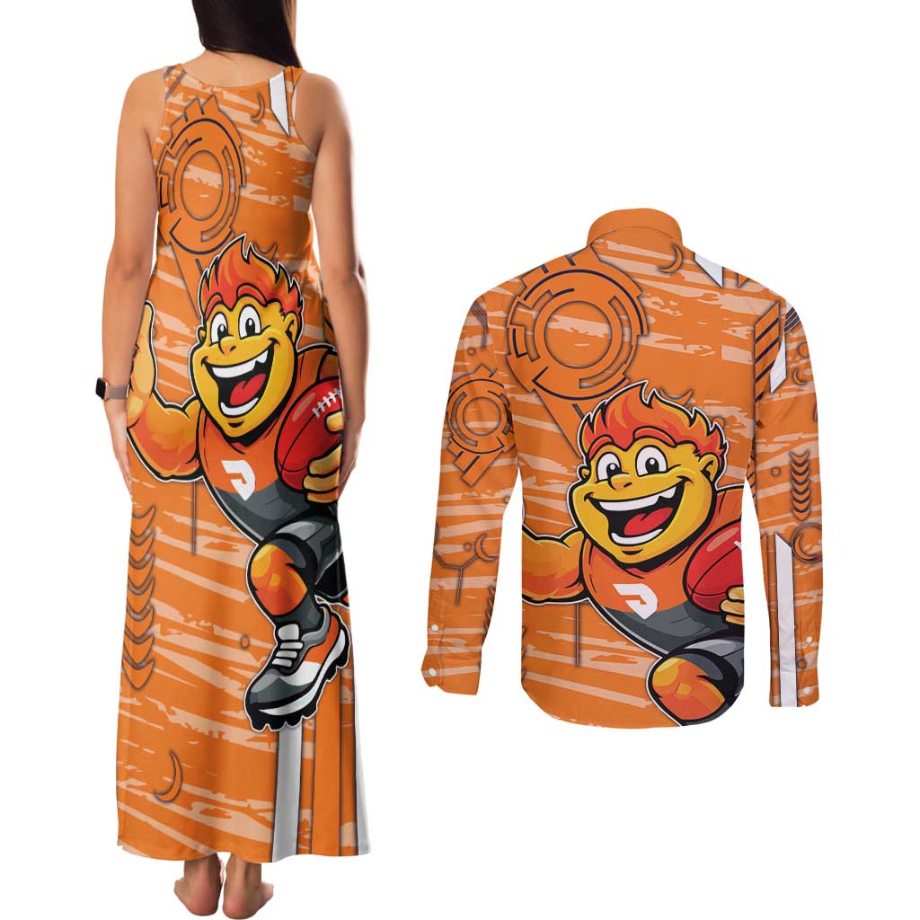 Greater Western Sydney Giants Couples Matching Tank Maxi Dress and Long Sleeve Button Shirt Mascot Cartoon Football Illustration Style